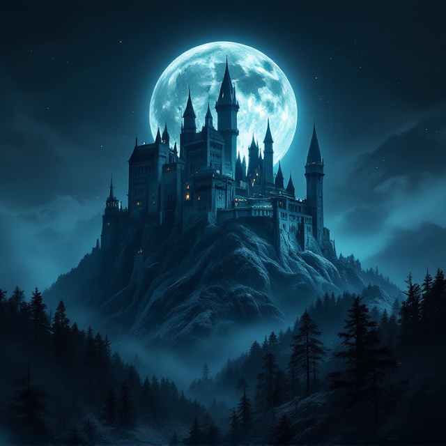 A foreboding castle perched precariously on the peak of a mountain, its towers stretching into the inky night sky. The scene is drenched in shadows, with a dense forest encircling the base of the mountain. A full moon looms overhead, casting a ghostly silver halo, highlighting the castle as if it were shimmering with an unearthly glow. The night sky is a tapestry of deep blues and blacks, creating an oppressive atmosphere. Whispers of fog curl through the trees, adding a layer of mystery and anxiety to the scene.