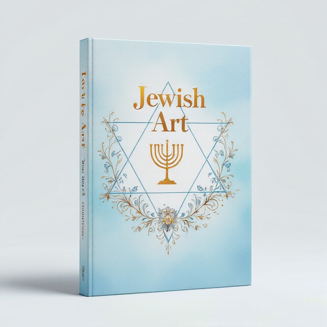 Delicate line art of a Star of David intertwined with floral patterns is set against a gradient light blue background. In the center, there is a subtle watercolor depiction of a menorah. Gold foil accents highlight key details, enhancing the sense of historical beauty and expression.