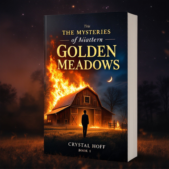 A darkened meadow stretches across the bottom half of the cover, drenched in golden hues to capture the essence of the meadow. In the background, a barn is caught in mid-blaze, flames leaping skyward with dramatic intensity, casting flickering reflections onto the night sky. Above, the deep purples and blues of the night are punctuated with scattered stars and a subtle crescent moon. In the foreground stands a solitary figure in silhouette, facing the barn, partially obscured by smoke that threads through the scene.