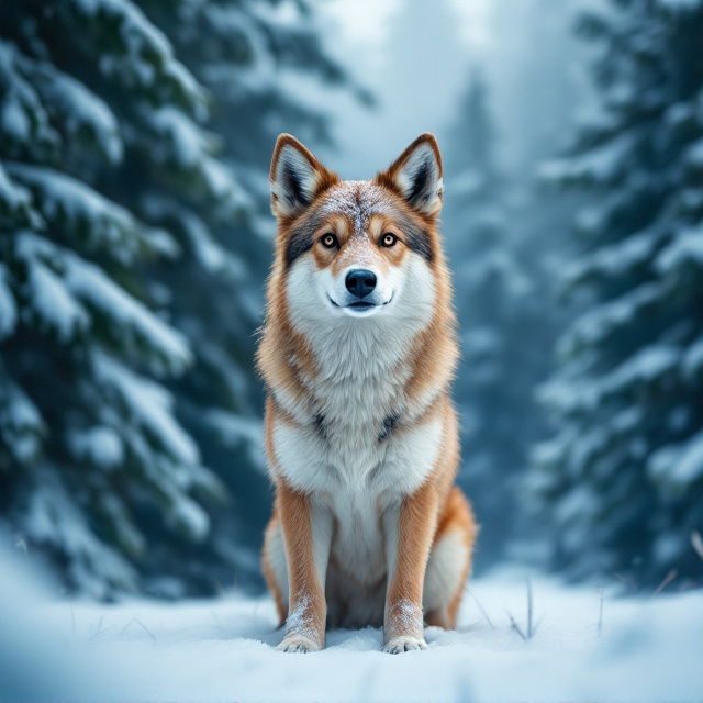 Buck is prominently displayed in the foreground, standing confidently with his front paws immersed in snow. His eyes are fixed straight ahead, projecting a sense of solitude and determination. Behind Buck, a dense pine forest creates a textured backdrop with the interplay of snow dust over the trees, enhancing the wilderness feel. The color palette is dominated by cool blues and whites, giving the cover a chilly, yet vivid atmosphere.