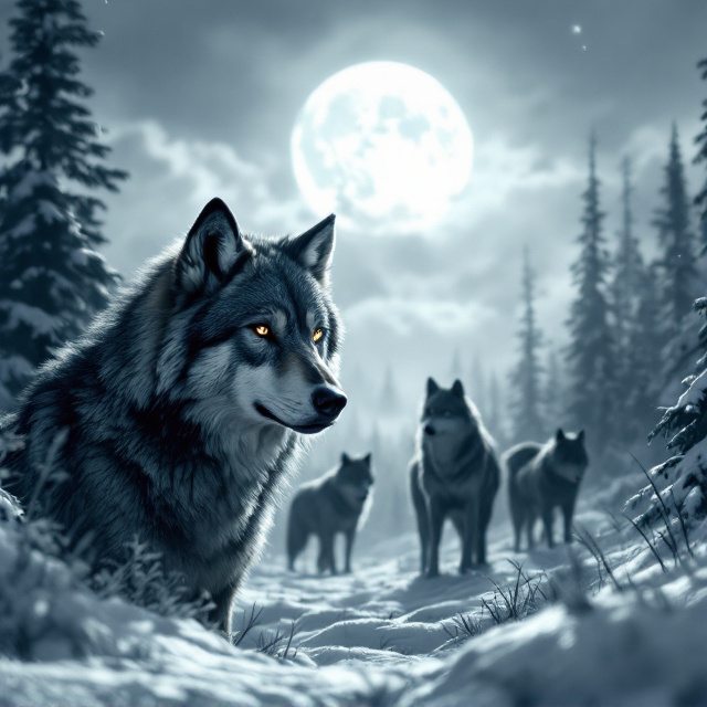 A striking scene of Buck in the forefront with fierce determination in his eyes, a silent, snow-covered forest stretching towards the horizon. In the background, a silhouetted wolf pack stands vigilant, partially illuminated by the gentle glow of a full moon hanging high in a partially cloudy, cool gray night sky. The landscape is softly textured with shades of moonlit whites and blacks, conveying a sense of wildness and solitude.