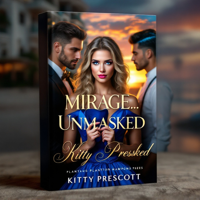 A luxurious five-story apartment building, with Mediterranean style and plantation Hamptons details, stands prominently in the background under a stunning beach sunset. On the left side of the cover, Zane is dressed in a dark formal suit, looking lovingly at Kitty. Kitty is centered, holding a mask below her eyes, showcasing her bright ice-blue eyes and wearing a blue V-neck ball gown with elegantly styled blonde hair and Barbie-pink lipstick. On the right side, a man in a chef's outfit, with dark hair highlighted in blue, has his back slightly turned to Kitty.