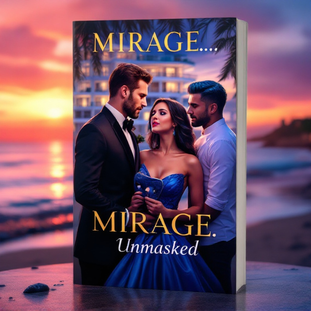 On the cover, a luxurious white five-story apartment building with a plantation Hamptons style is positioned in the background against a vibrant sunset sky. The beach, visible in the foreground, enhances the atmosphere of mystery and romance. On the left, Zane stands in formal gala attire—a dark suit, looking lovingly at Kitty with his affectionate gaze. In the center, Kitty holds a mask just below her bright, ice-blue eyes, her appearance glamorous in a blue V-neck ball gown and Barbie-pink lipstick. On the right, the chef, in his professional attire with back slightly turned to Kitty, showcases dark hair highlighted with blue in a contemporary style.