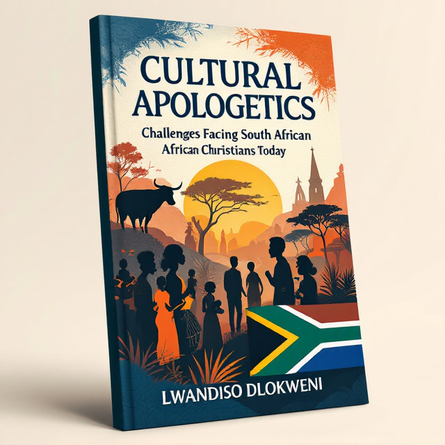An illustration of a traditional African scene with silhouettes of people engaged in conversation. Cultural symbols like a Lobola cattle, traditional musical instruments, and a church steeple blend into the background. The South African flag subtly wavers at the bottom right, partially obscured by traditional patterns. The color palette prominently features blue, orange, and black, creating a sense of depth and contrast.