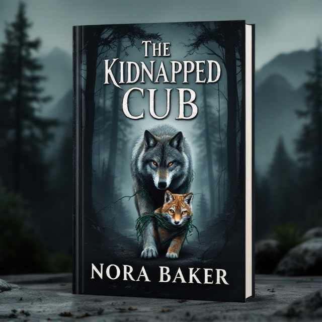 A darkened forest dominates the background, with towering trees and mountains faintly visible in the mist. In the foreground, a menacing wolf with sharp eyes drags a small lynx cub bound by thick vines. The forest feels dense and mysterious, creating a sense of suspense and danger.