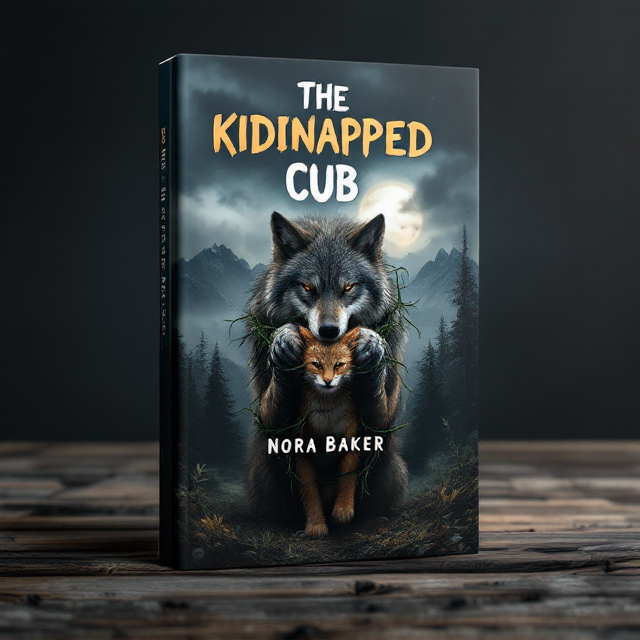The cover features a dramatic scene with a menacing wolf at the front, juxtaposed against a backdrop of a dark forest. The wolf carries a small, helpless lynx cub in its jaws, with its front paws bound by thick vines. The sky above is an ominous gray, heavy with clouds, adding to the suspenseful atmosphere. Tall trees fade into shadowy figures, and jagged mountain peaks are barely visible in the background, creating a sense of depth and foreboding.