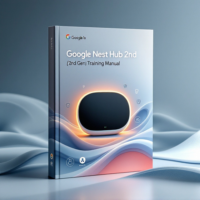 A sleek, modern design featuring the Google Nest Hub, with a glowing outline to emphasize innovation. The background consists of subtle, flowing wave patterns in soft blue and white tones to create a sense of modernity and warmth. The focus is on a high-resolution image of the Google Nest Hub on the center riight, slightly angled to showcase its screen, inviting viewers to explore its potential.