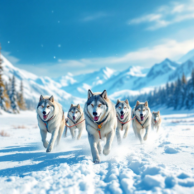 Buck is depicted powerfully in the foreground, muscles tensed and eyes focused, pulling a sled over a vast, snow-covered landscape. Around him, other dogs form a cohesive team, moving energetically through sparkling snow. The backdrop features expansive plains with subtle touches of evergreen trees and a clear blue sky that reflects the primary color theme.