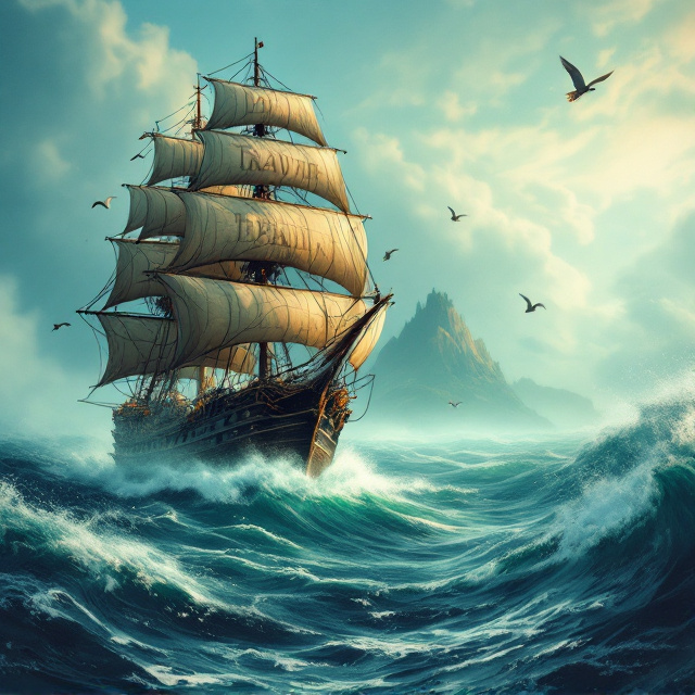 A dynamic illustration of a grand pirate ship with billowing sails braving turbulent, deep blue-green waves occupies the foreground. The blurred outline of a mysterious island is subtly placed in the background, partly obscured by mist, evoking a sense of adventure and allure. A detailed, slightly aged treasure map appears ghosted into the sky, while seagulls hover around the scene, adding motion and life.