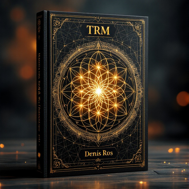 The cover features a central, intricate flower of life symbol with glowing chakras aligned up the middle. The sacred geometry pattern subtly weaves through the background, appearing ancient yet with modern high-gloss highlights. Dark gold hue dominates the composition, lending an aura of mystery and antiquity.