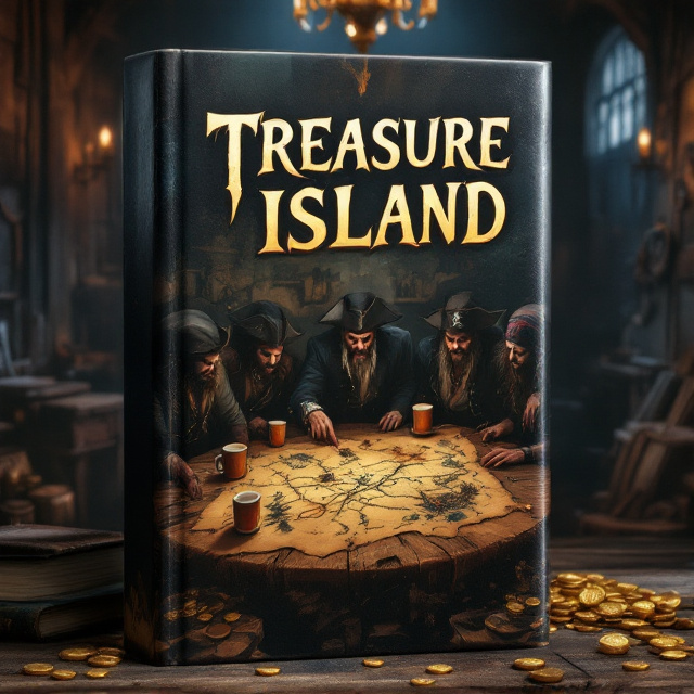 A tense scene of five pirates gathered around a large, tattered treasure map laid out on a wooden table. The pirates have sinister expressions and are leaning in with intensity. Scattered across the table are gold coins and mugs of ale, providing a glimpse into pirate culture. The background shows a dimly lit, dilapidated tavern with worn wooden walls and an aged chandelier casting a moody glow.
