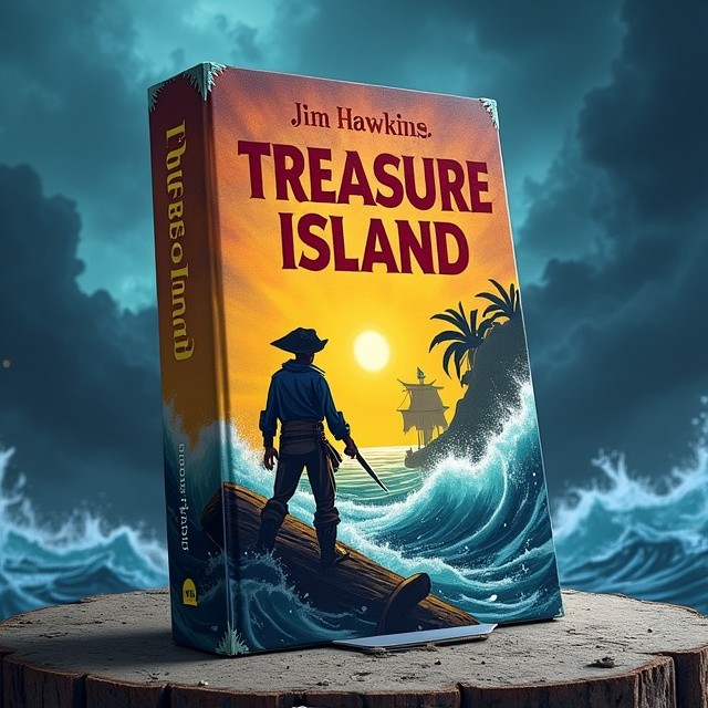 The cover features an intense confrontation scene with Jim Hawkins standing firm with a cutlass in his hand, facing a group of menacing pirates. The stormy sea and crashing waves serve as a dramatic backdrop, with dark, tumultuous clouds swirling above. The colors are a mix of deep blues and vibrant yellows, highlighted with shades of red to signify blood and danger. Jim is positioned on the left side of the cover, the pirates on the right, creating a visual tug of war, with the stormy sea taking up the bottom half and swirling clouds dominating the top.