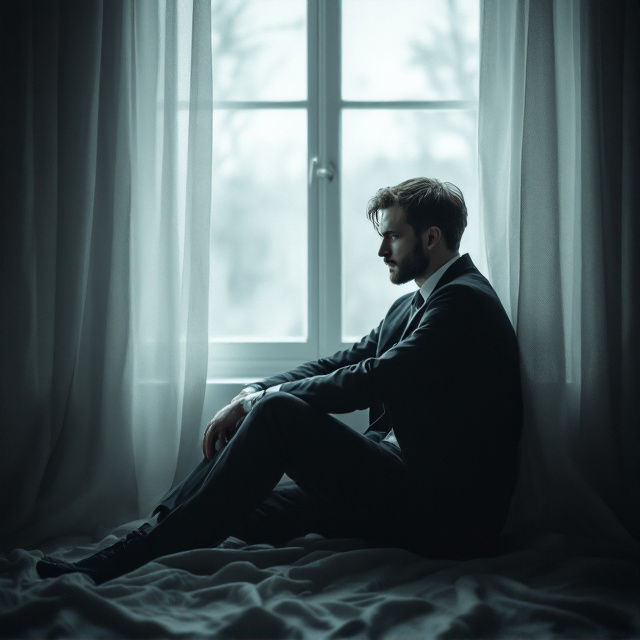 A male figure sits pensively by a window, his posture conveying deep contemplation. The window reveals a hazy, blurred exterior, with gentle currents of wind causing the softly textured curtains to flutter. The overall palette is a symphony of soft grays, muted blues, and white, embodying a subtle melancholic feel. The dim light seeping through the window creates a soft glow around the figure, enhancing the atmosphere of introspection.