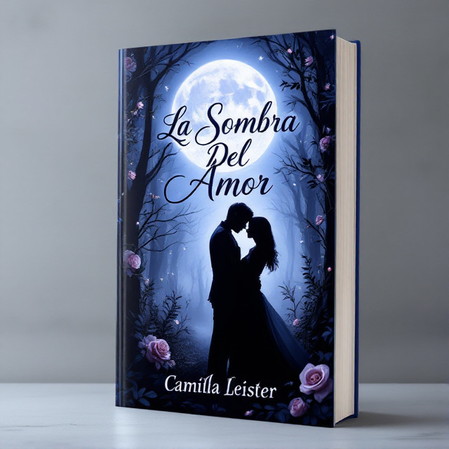 A silhouette of a couple embracing under a full moon, set against a dark, misty forest background. The moonlight creates shadows and a sense of mystery around the couple. Vines and delicate roses subtly frame the couple, adding a touch of romance and hinting at the tension in their relationship. The overall color scheme is deep blues and purples, with silver accents.