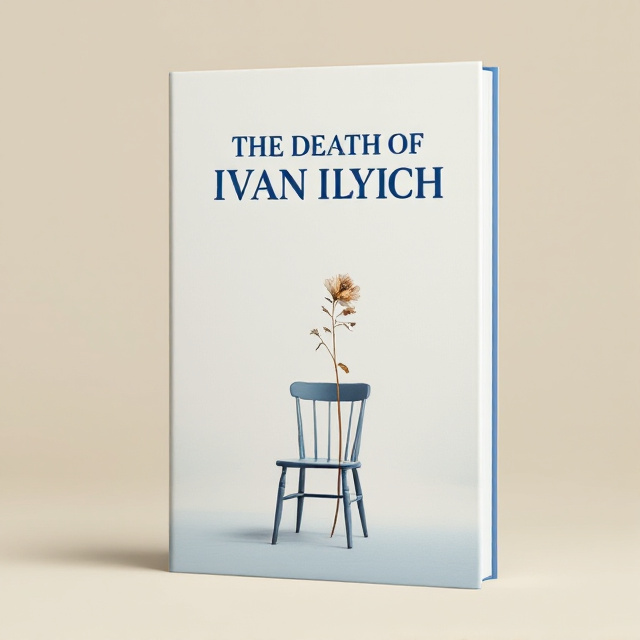 A single, withering flower in the center against a serene, light beige background. Above the flower is the bold title "THE DEATH OF IVAN ILYICH" in blue, catching the eye. Below the flower lies an empty chair rendered in subtle blue and white hues, symbolizing solitude and reflection.