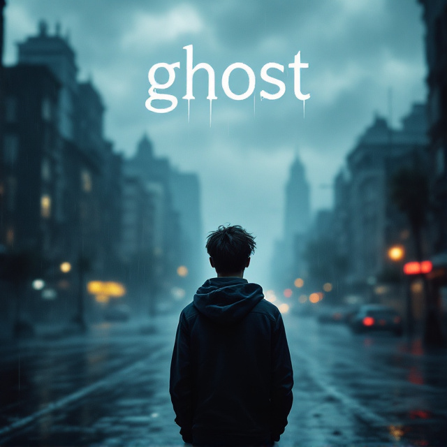 A dimly lit, rain-soaked cityscape with submerged streets presenting a post-apocalyptic atmosphere. In the foreground, a teenage boy stands partially in shadow, facing away from the viewer, symbolizing loneliness. The city in the background is slightly blurred, with storm clouds overhead casting a gritty vibe. Dark, muted colors dominate, with hints of neon lights reflecting in the floodwater.