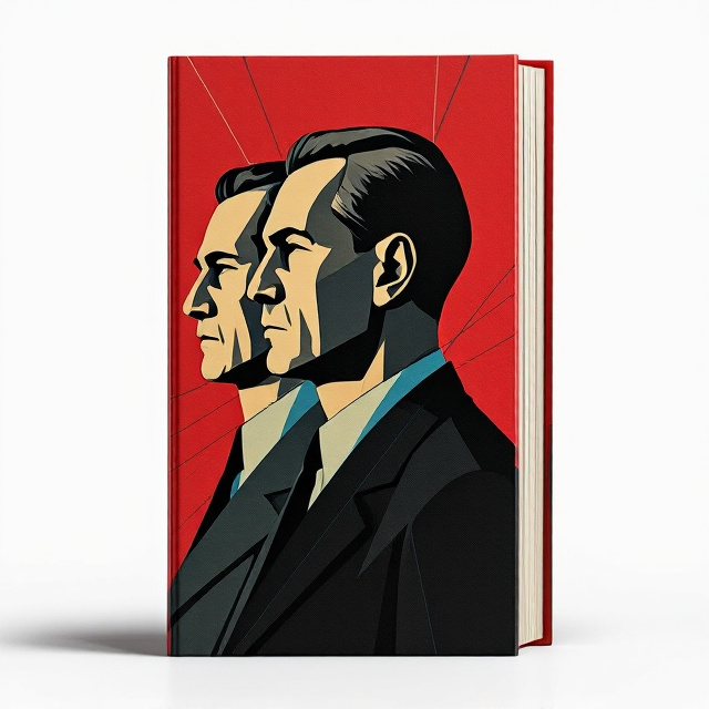 The cover features a trio of men, each in profile, reminiscent of iconic Soviet propaganda portraits. Their profiles are stylized in bold, geometric shapes with intricate shadows, capturing a sense of stoic grandeur. The background is a deep, rich red, symbolizing the historical and political weight of the narrative. Thin blue lines, akin to those found in constructivist art, intersect the cover, adding balance and a sense of forward momentum.