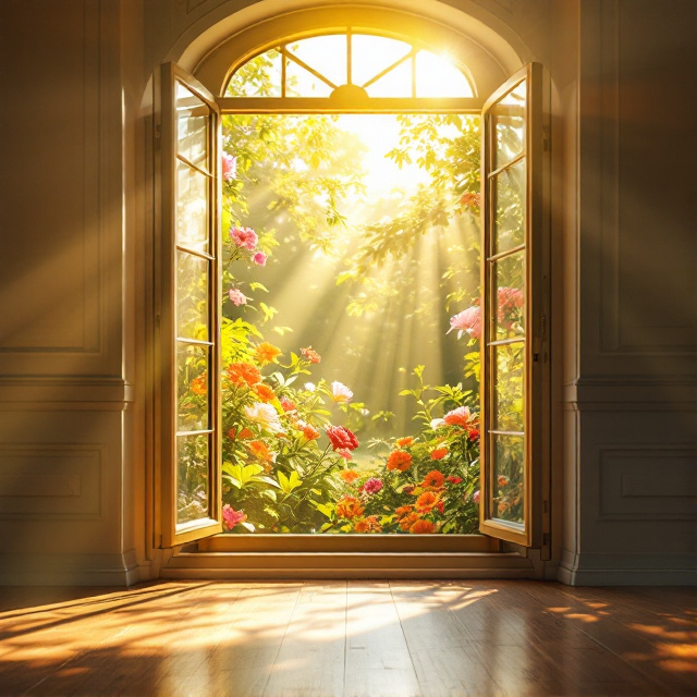 Sunlight pours warmly through an elegantly detailed window, casting radiant patterns across a wooden floor. Outside, vibrant flowers in full bloom can be seen, with a slight breeze suggested by their gentle sway. The scene captures a moment frozen in time, where the quiet beauty of the room blends seamlessly with the abundant life outside.