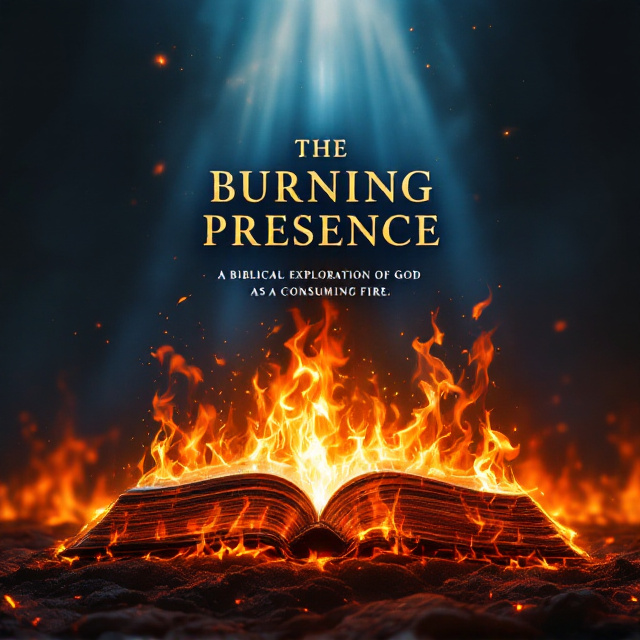 A fiery and radiant background that features a stylized depiction of flames engulfing a larger-than-life symbolic representation of a sacred text. At the top center, ethereal light beams pierce through the flames, hinting at divine presence. The color palette includes deep reds, oranges, and golds contrasting with dark blue shadows for a dramatic effect.