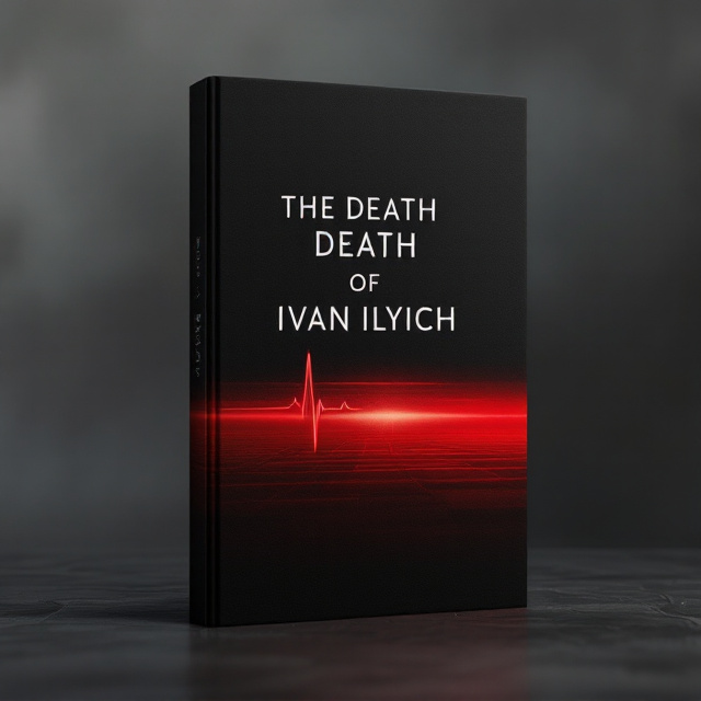 The cover features a stark and minimalist design with a heartbeat line running horizontally across the center against a black background. The heartbeat starts strong on the left, gradually flattening towards the right, symbolizing the life and impending death of Ivan Ilyich. The lower part reflects a deep red color fading upwards into black.