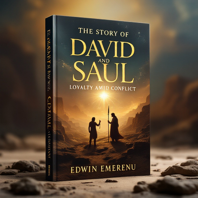 A dramatic scene depicting a stylized landscape with ancient, rocky terrain resembling the hills of ancient Israel. In the foreground, a silhouette of David with his sling and Saul standing with a spear, slightly apart but connected by a faint, golden light symbolizing loyalty amid conflict. In the background, a soft, heavenly glow casts a sense of spirituality over the scene.