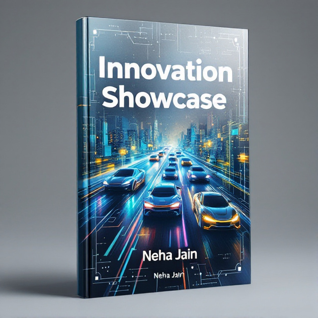 A sleek, metallic silver background featuring an array of futuristic cars zooming across a cityscape integrated with digital elements, exemplifying advanced technology and innovation. The cover shows dynamic movement with hints of holographic effects to give a sense of futurism. A blend of bold colors like electric blue and neon green is used to highlight key elements of innovation and technology.