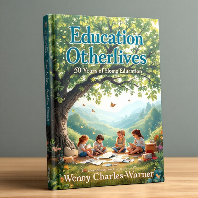 Children sitting together under a large, spreading tree with dappled sunlight filtering through the leaves, creating a serene and inviting atmosphere. They are engaged with books, maps, and art supplies, all depicting a sense of exploration and learning. The background features a gentle, rolling landscape with soft hues of blue and green, emphasizing a connection with nature. Small touches like butterflies or birds add to the feeling of freedom and inspiration.