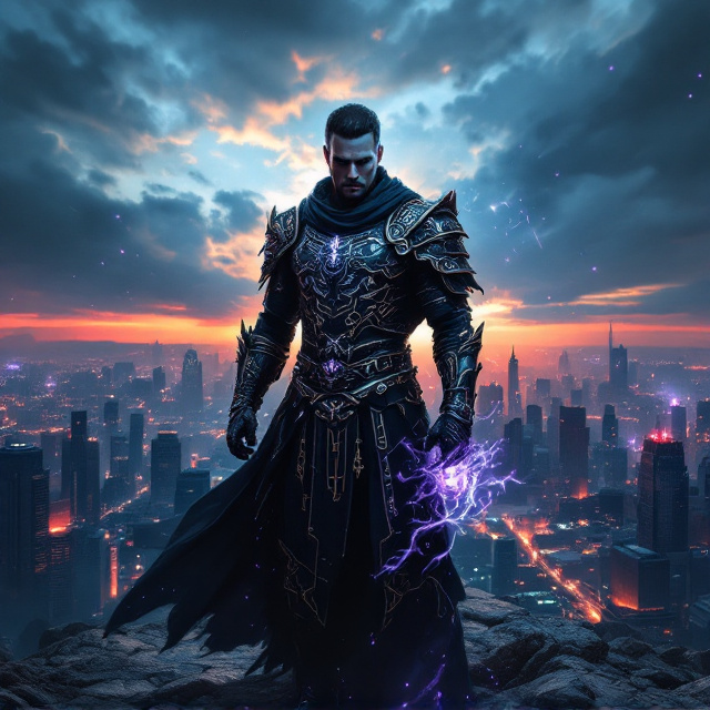 Kael, a tall figure dressed in dark, ancient armor adorned with glowing runes, stands in the center. Behind him, a sprawling modern city with towering skyscrapers fades into the background, creating a stark contrast between the old and the new. The skyline is bathed in deep blue hues, with streaks of steely gray clouds and splashes of fiery orange from the setting sun. Wisps of mystical purple energy swirl around Kael, suggesting his supernatural abilities.