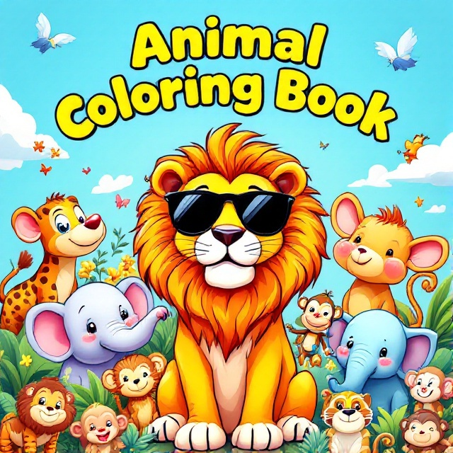 A montage of playful animals, each illustrated in a whimsical, cartoon style. The animals, ranging from a dancing elephant to a joyful monkey, are scattered across a vivid, sky-blue background. Bright colors dominate the palette, with each animal outlined thickly to stand out. The central focus is on a cool-looking lion wearing sunglasses, perfectly embodying both joy and coolness.