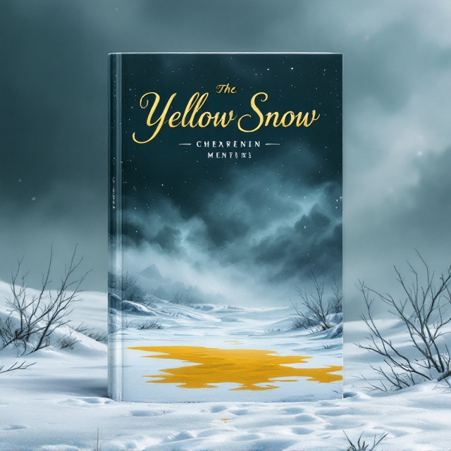 A cold, haunting landscape with a barren, wintry scene. A patch of yellow snow stands out starkly against the pristine white snow. Shadows of mystical creatures loom faintly in the distance, blending into a backdrop of dark, swirling clouds. The color palette primarily uses shades of blue, grey, and white, with a contrasting yellow for the snow patch.