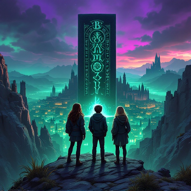 Three young adults stand with their backs to the viewer at the pinnacle of a rugged mountain. They overlook a distant, sprawling medieval city encircled by grand stone walls, with a magnificent castle towering in the background. The girl on the left has braided brown hair, the girl on the right is blonde, and the boy in the middle wields a staff emitting a faint magical glow. An obsidian monolith etched with dark blue runes looms behind them, bathed in an eerie light. The sky transitions from a twilight purple to a deep emerald green, casting an otherworldly hue over the scene.