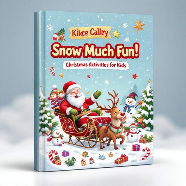 The cover features a lively winter scene with a playful snow-filled background. Central to the design is a jolly Santa Claus riding a sleigh with reindeer, accompanied by friendly elves and snowmen scattered around. Surrounding characters include animals in winter scarves and hats, merrily participating in various winter activities. Christmas trees adorned with ornaments, candy canes, presents, and snowflakes fill the background with festive cheer, while select elements have glitter effects for added sparkle.