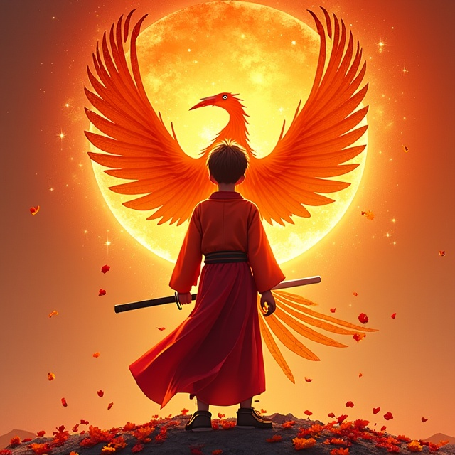 A dynamic cover featuring the boy in a fire haori, positioned prominently at the center. His katana is striking upwards, creating a vertical motion that flows into the flame phoenix above. Fire petals scatter around him, adding motion and depth. The background is a subtle, warm gradient ranging from deep orange to soft gold to enhance the fiery elements.