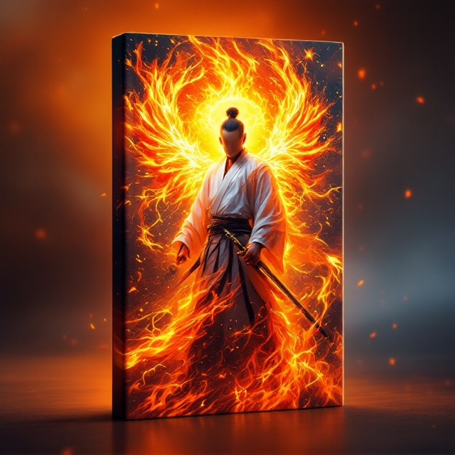 The cover features a striking image of a man clad in a fire haori, predominantly white with intricate red and orange flame patterns. He stands in the center, with his katana thrusting upwards, emanating visually stunning flames. Surrounding him are ethereal elements of a flame phoenix, brilliantly detailed, with fiery petals drifting around him, creating a halo of dynamic movement. The background is a gradient of deep sunset hues transitioning from fiery orange to midnight blue, creating a serene yet powerful ambiance.