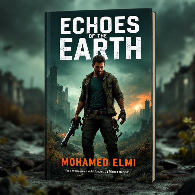 The protagonist, Alex, is in the foreground, depicted in a dynamic pose holding a makeshift weapon. His expression is one of determination and resilience. The background features a desolate landscape with remnants of a ruined city overgrown with vegetation. Dark, ominous clouds loom overhead, adding a sense of foreboding. The palette consists of dark greens and grays with splashes of vibrant orange or red.