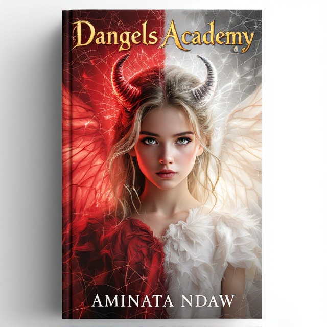 The cover features a young girl with very light brown hair and blonde streaks, standing confidently at the center. Her right side embodies an angelic appearance with white, glowing skin, delicate feathers, and ethereal light; her left side contrasts with a devilish look, featuring deep red tones, horns subtly forming, and a thin layer of cracked glass overlaying that side. The background is a gradient mix of vibrant red fading into pristine white, symbolizing the duality of her nature.