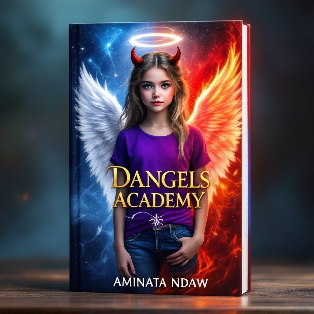 The cover features a striking central illustration of a young girl with her appearance split down the middle. One half showcases an angelic side with white feathers, a delicate halo hovering above her head, and pristine white wings. The other half presents a devilish side in fiery red tones, a small horn peeking above her hair, and a hint of a devilish wing. The girl, with light brown hair and blonde streaks, is portrayed wearing a vibrant purple top and jeans, set against a mystical, swirling background that suggests a blend of celestial skies and infernal flames.