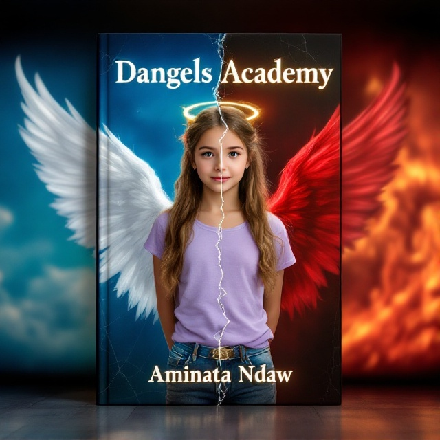 A 12-year-old girl with light brown hair, two blonde streaks, wearing a light purple top and jeans. Split down the middle, one side has her as an angel with a white wing, halo, and blue sky background; the other side shows her as a devil with a red wing, red horn, and fiery background. A cracked glass effect runs through the middle, dividing the two sides.