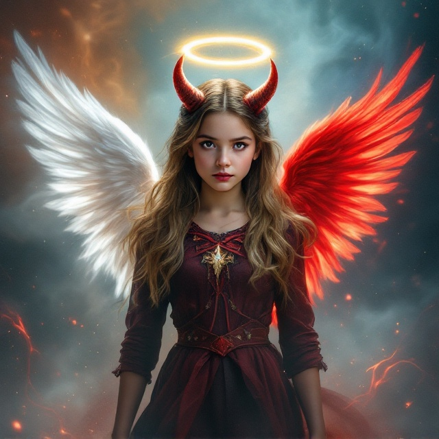 The cover features a striking image of a 12-year-old girl with light brown hair, accented by two blonde streaks in the front. She stands fiercely, her posture strong and confident. The left half of her figure embodies an angelic form, with a white wing sprouting from her back and a mini halo glowing above her head. The right half contrasts sharply with a devilish form, showcasing a red wing and a single horn. The background is a mix of swirling, mystical colors creating an ethereal atmosphere consistent with a fantasy genre.
