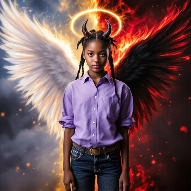 The cover features a striking central image of a 12-year-old girl standing with a bold and confident stance. She wears a light purple shirt and jeans. The background is divided diagonally, with one half depicting a serene angelic scene in shades of white and gold, complete with a soft halo above her head. The other half presents a fiery devilish scene in shades of red and black, with a subtle horn visible on her head. The transition between the two sides is smooth, highlighting the duality of her character.