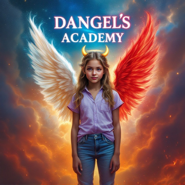 The cover features a vibrant, mystical background with a blend of celestial and infernal elements such as swirling clouds and fire. In the center stands a 12-year-old girl with light brown hair and two blonde hairs in the front. Her left side is depicted as an angel with white wings and a halo, while her right side is a devil with red skin and a single horn. She's wearing a light purple shirt and light blue jeans. The title "Dangel's Academy" is prominently displayed above her head, with a mystical, glowing effect, and the author name "Aminata Ndaw" written elegantly at the bottom.