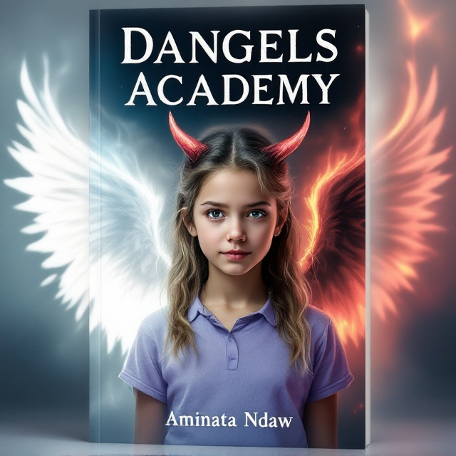 A 12-year-old girl stands with her upper body showing. Her left side is depicted with white, ethereal angelic features including a glowing halo and pure white wing, while her right side has a dark, malevolent devilish appearance with a single red horn and a fiery wing. She wears a light purple shirt, and her light brown hair with two blonde streaks is clearly visible. The background transitions from a heavenly sky to a shadowy underworld.