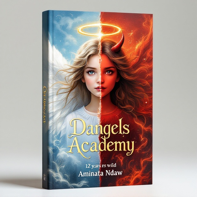 The cover features an illustrated image of a young girl, 12 years old, standing on the center split vertically down the middle. One half of her body is depicted as an angel with a white, shimmering wing and a golden halo hovering above her head, while the other half shows her as a devil with a fiery red hue, showcasing one sharp horn. The girl's light brown hair with two blonde streaks flows gracefully, adding movement to the composition. The background is a blend of ethereal clouds on one side and a mysterious, swirling red mist on the other, symbolizing the contrasting elements of her nature.