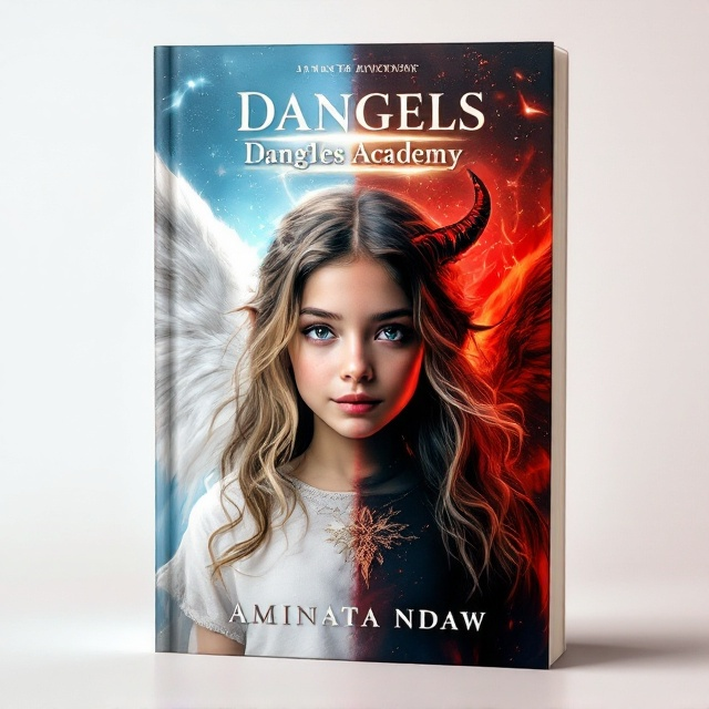 A 12-year-old girl with light brown hair and blonde streaks, her upper body shown. Her right half bathed in a divine white light, with angelic wings and a halo, and her left half in shadows, adorned with devilish red hues and a horn. The background transitions from a serene sky blue on the right to a fiery crimson on the left, integrating both light and dark elements seamlessly.