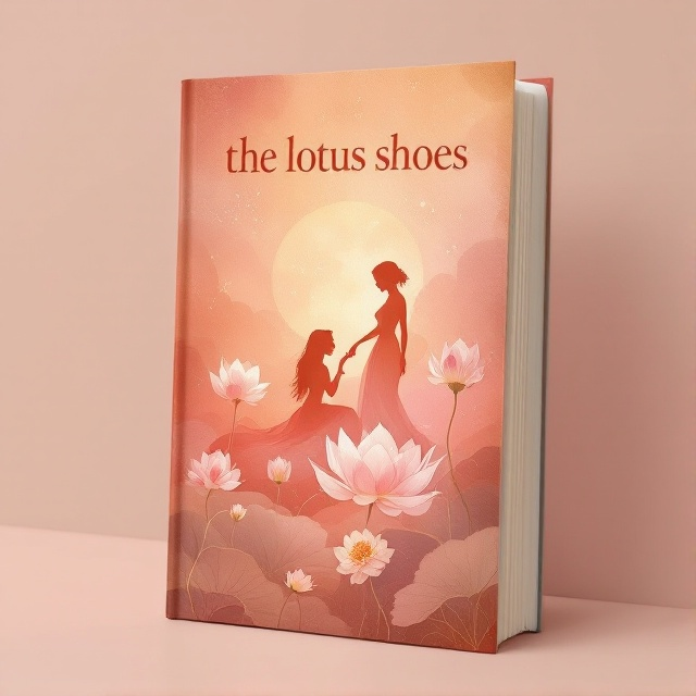 Silhouettes of two women formed from the negative space around a central illustration of delicately detailed lotus shoes. The background is a gradient of pinkish-yellowish hues reminiscent of a lotus flower in bloom. Soft, historical textures are subtly integrated into the background to evoke a sense of time.