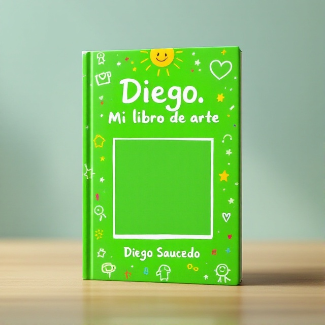 The cover features a bright green background adorned with playful children's doodles such as stars, hearts, and stick figures scattered around. In the center, there's a rectangular frame with a welcoming space to insert a photo. Above the frame, a small illustration of a smiling sun enhances the joyful mood.