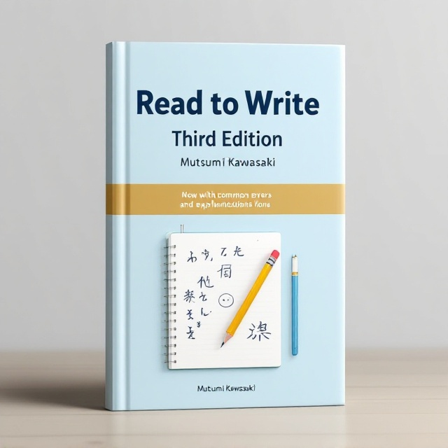 The cover features a modern, clean design with a light blue background, maintaining a consistent color scheme from previous editions. At the top, there is a bold dark blue title "Read to Write Third Edition" in large font. Below the title, a subheading “Now with common errors and explanations” is presented in a contrasting gold banner with white text. An image of a pencil and notebook with English and Japanese notes sits centrally, symbolizing the learning process. Mutsumi Kawasaki's name appears at the bottom in a smaller, elegant font.