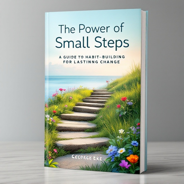 An ascending stone pathway winds through a lush, grassy landscape with flowers blooming along the sides. The pathway branches into a serene sea merging into a clear sky. Along the path, leaves and flowers subtly grow, symbolizing growth and renewal. The background uses a calming blend of soft blues and greens with touches of warm yellow or orange, evoking feelings of calmness and optimism.