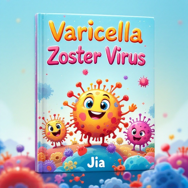 A playful, vibrant cover featuring a cartoonish depiction of the Varicella Zoster Virus as cute, colorful, and friendly characters. They are waving and smiling, surrounded by a whimsical landscape of cells and molecules depicted in bright, primary colors to appeal to children. Each character has a distinct, child-friendly expression, emphasizing curiosity and learning.