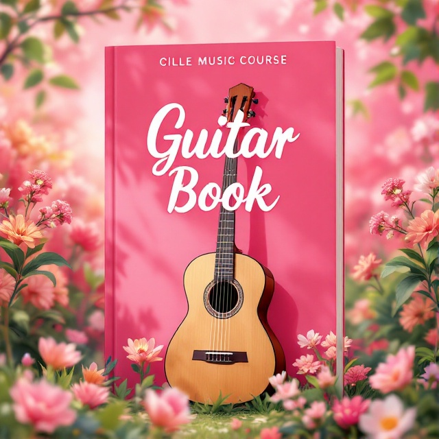 A vibrant garden scene with a prominent pink hue dominating the background. A detailed illustration of a classic acoustic guitar placed in the foreground, surrounded by blooming flowers. The garden setting is enhanced with soft sunlight filtering through tree leaves, creating a cheerful and lively ambiance.